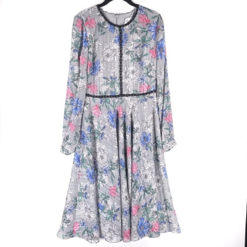MIKAEL AGHAL Multicolor Floral Lace Midi Dress Long Sleeve Flare Ruffle‎ Size 6